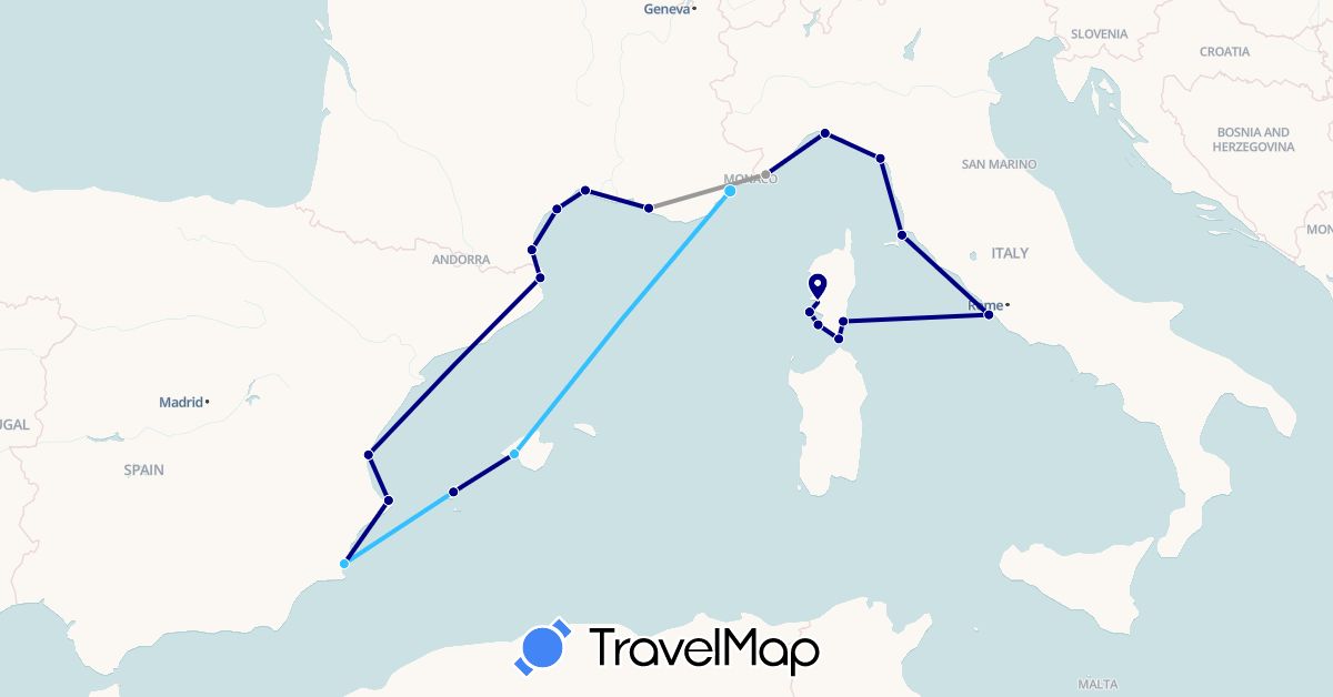 TravelMap itinerary: driving, plane, boat in Spain, France, Italy (Europe)